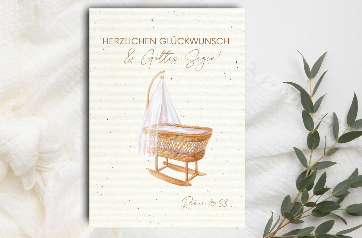 Postkarte mit Aquarell Motiv Wiege und Wunsch Herzlichen Glückwunsch und Gottes Segen