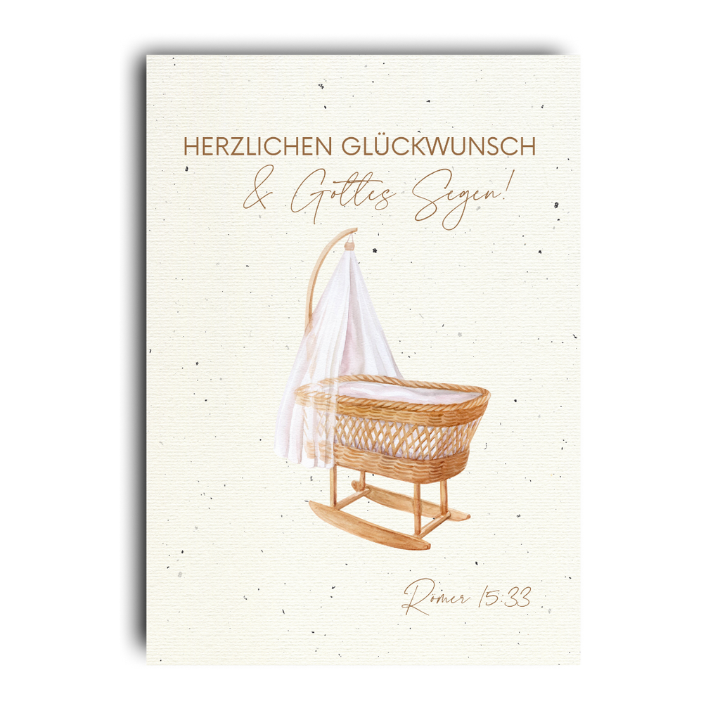 Postkarte mit Aquarell Motiv Wiege und Wunsch Herzlichen Glückwunsch und Gottes Segen