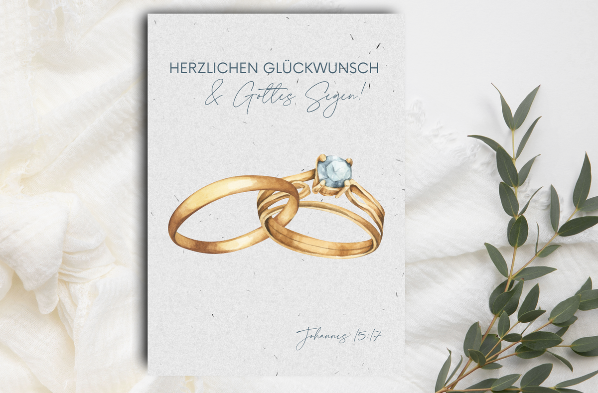 Postkarte mit Aquarell Motiv Ringe und Wunsch Herzlichen Glückwunsch und Gottes Segen