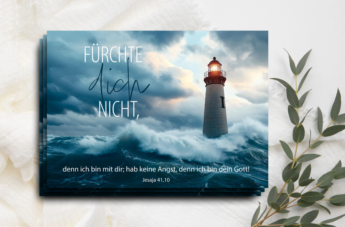 Postkarte der Jahreslosung 2027 mit Leuchtturm, tosenden Wellen und Bibelvers aus Jesaja 41,10